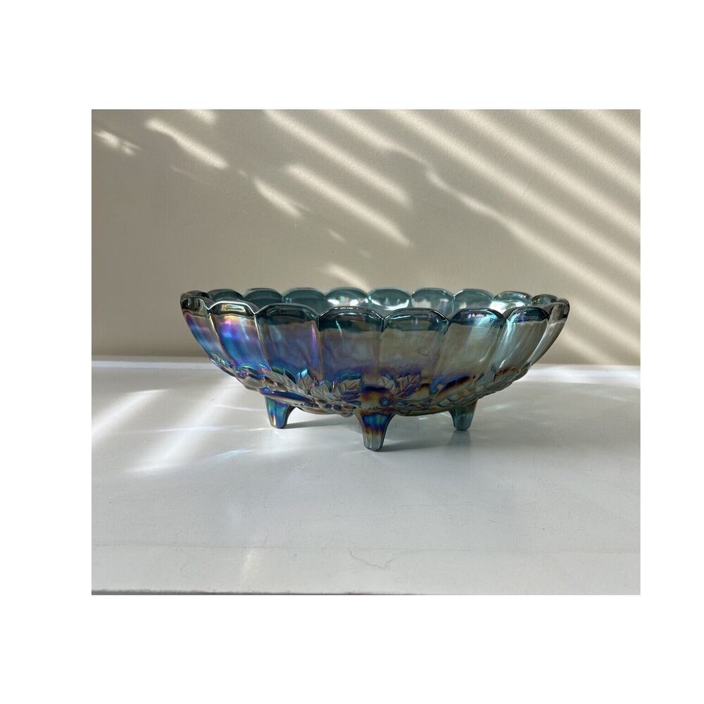 Indiana Carnival Glass Iridescent Blue Footed Oval Center Bowl Garland Pattern